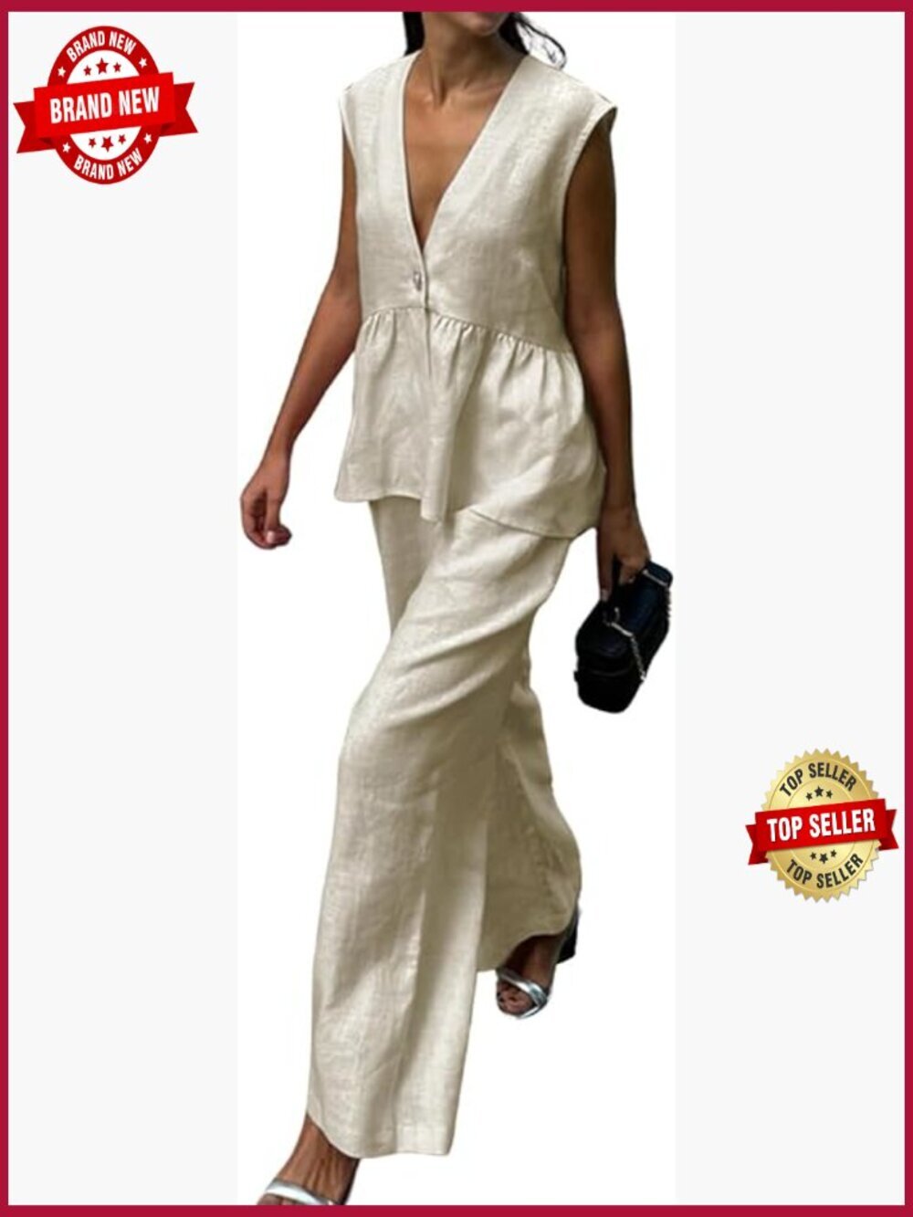 Sleeveless V Neck Peplum Vest Wide Leg Pant Set Summer Dressy Casual